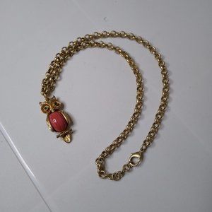 Reddish Pink With Green Eyes Vintage Owl Pendant Necklace 18 3/4 Inches